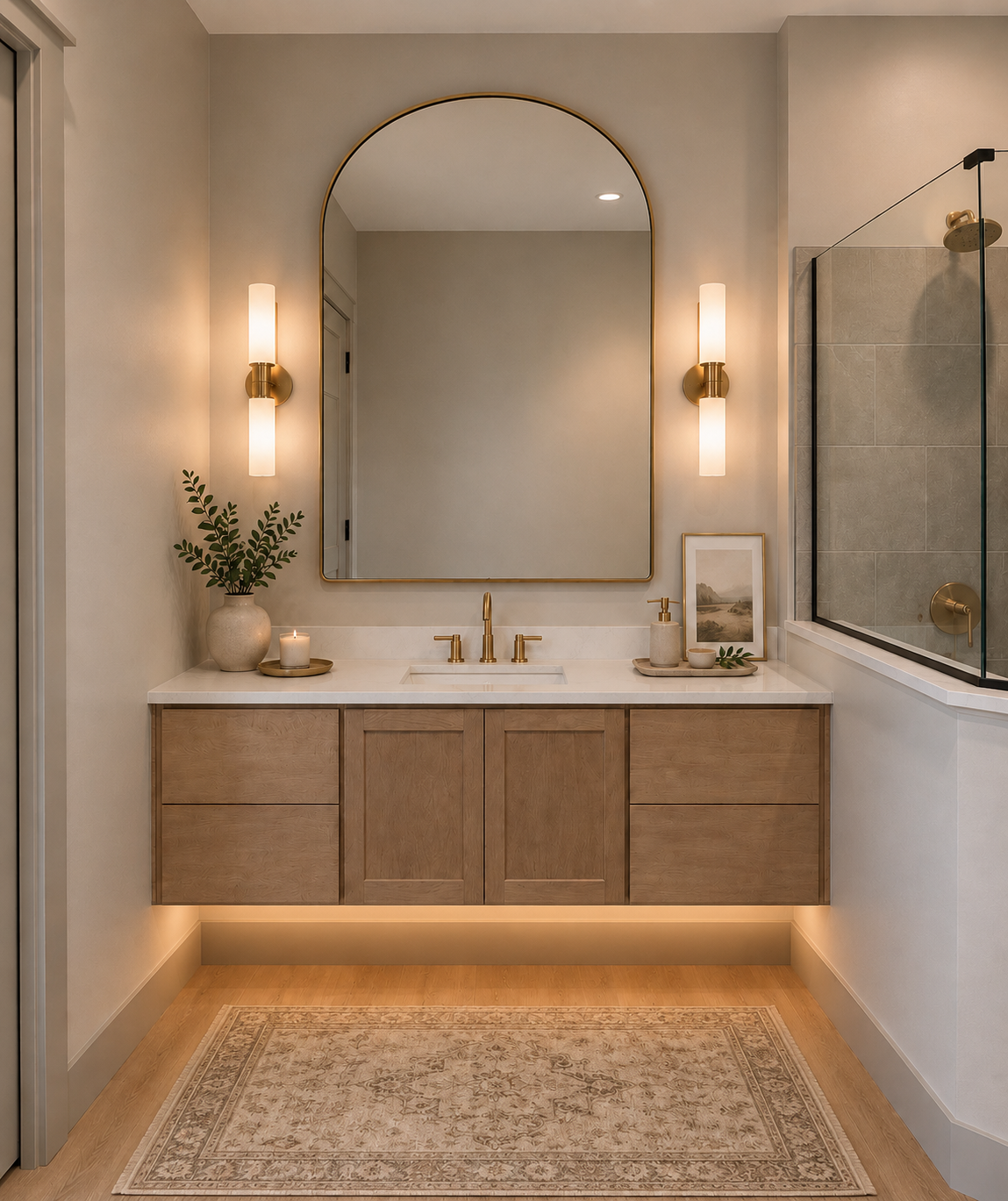 Bathroom vanity with arched mirror, brass fixtures, and warm under-cabinet lighting