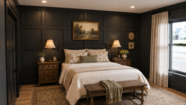 Bedroom with dark paneled walls, layered white bedding, and warm wood accents
