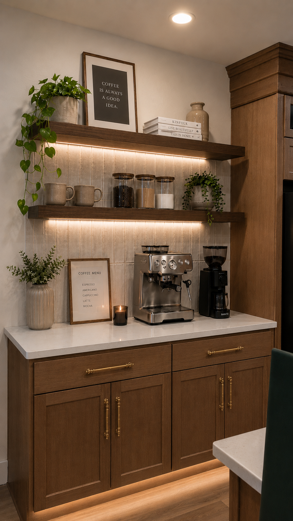 Custom coffee bar with warm wood cabinetry, espresso machine, and styled shelving