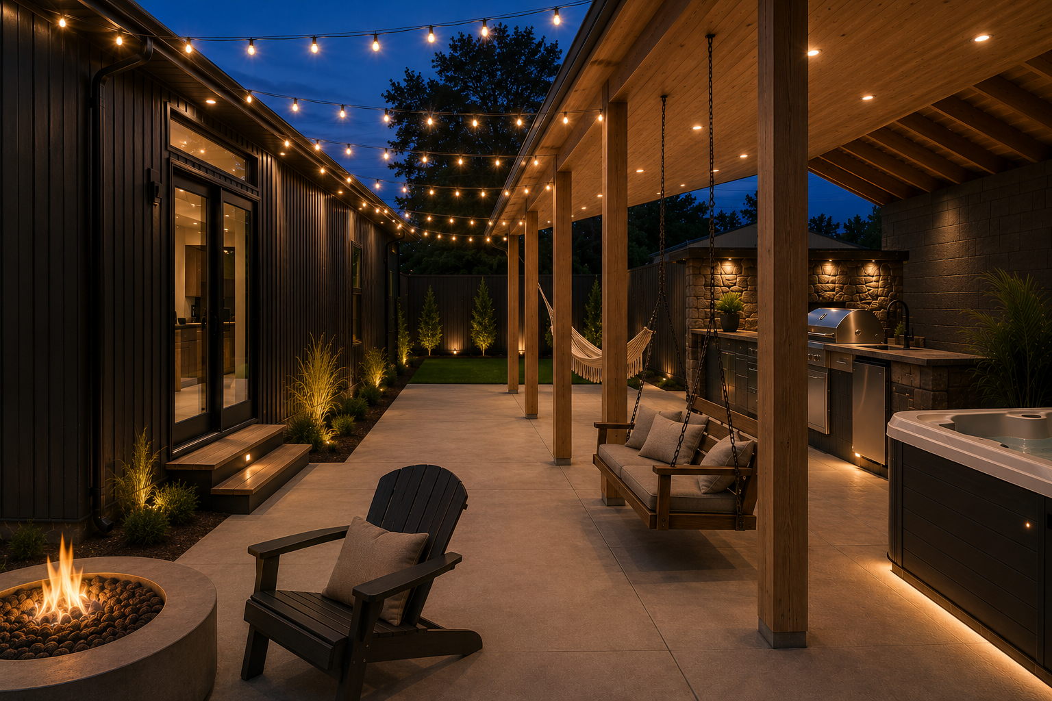 Night courtyard photo with string lights, swing seating, hot tub, and outdoor kitchen