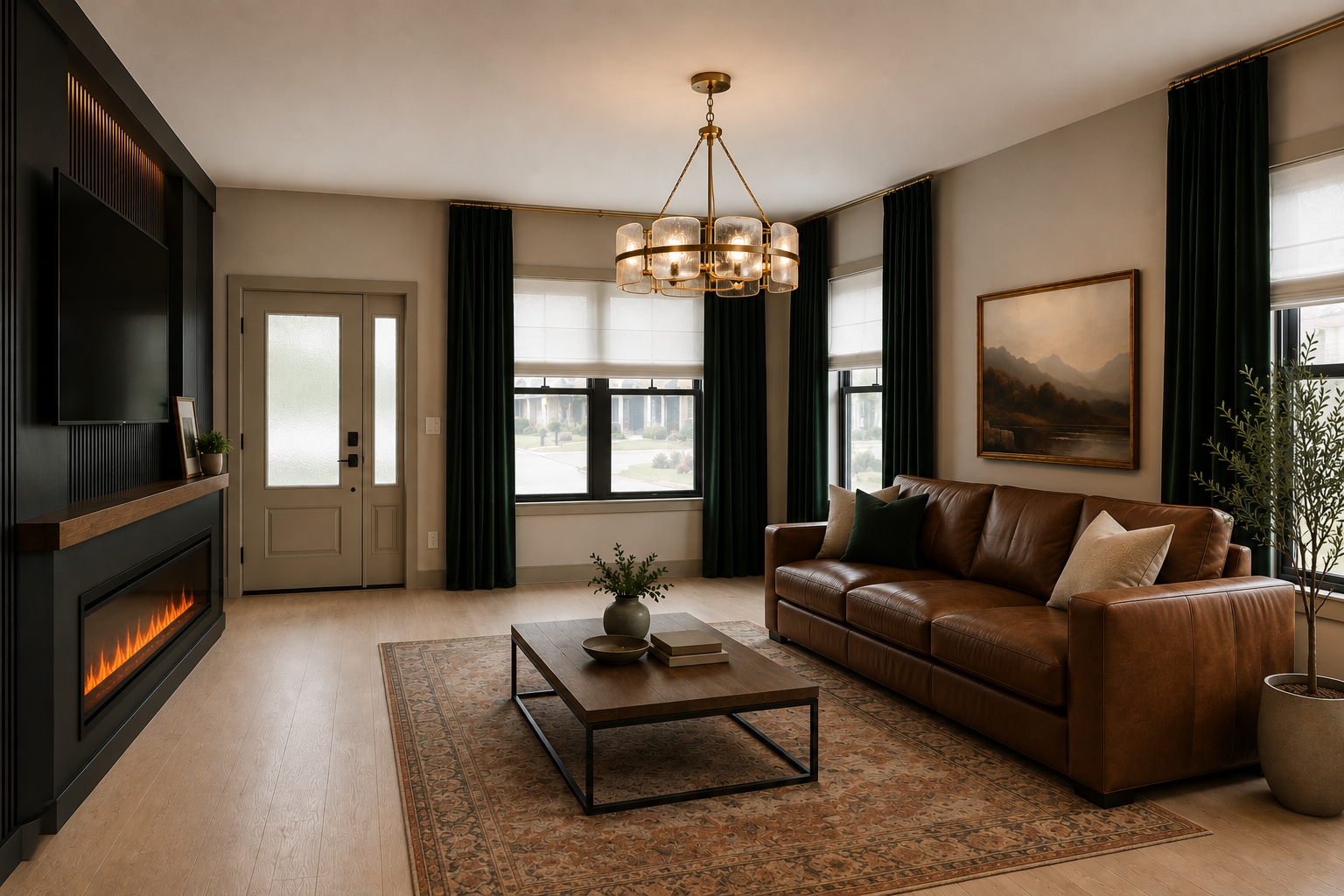 Living room with leather sofa, fireplace, tall drapery, and warm boutique finishes