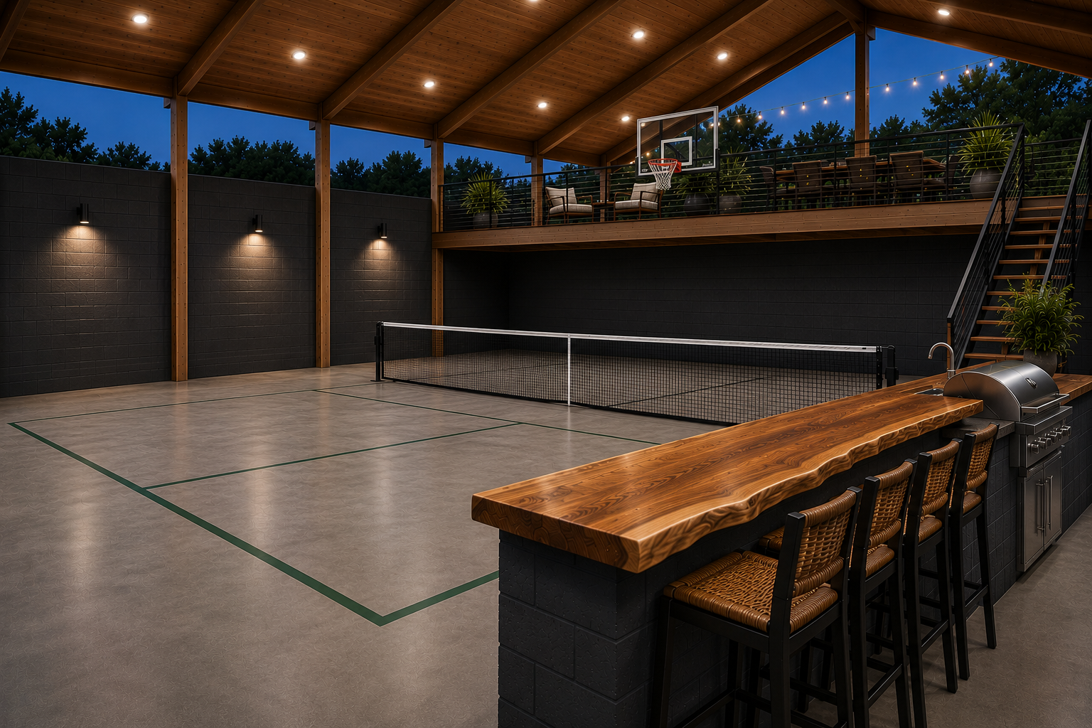 Covered recreation area with pickleball court, grill bar, and mezzanine lounge