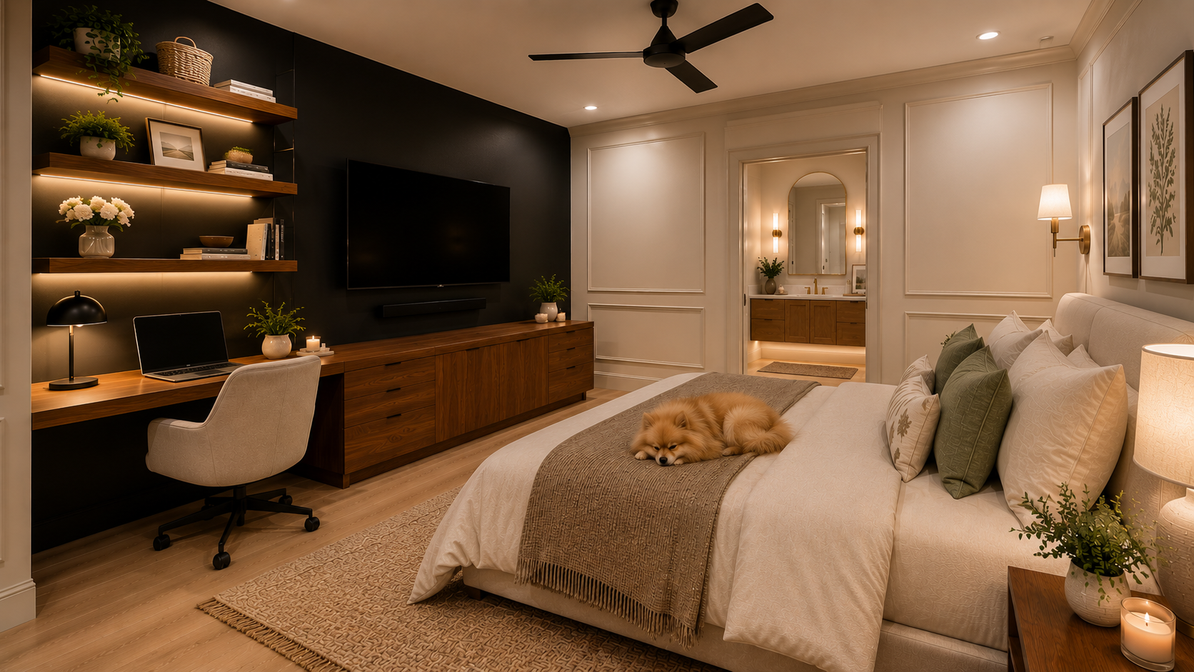 Primary suite with desk, television wall, layered bedding, and adjoining bath